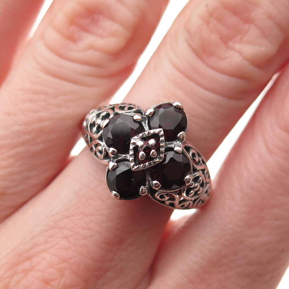 Pranda Sterling Silver Vintage Real Round-Cut Red Garnet Ornate Ring Size 7.75